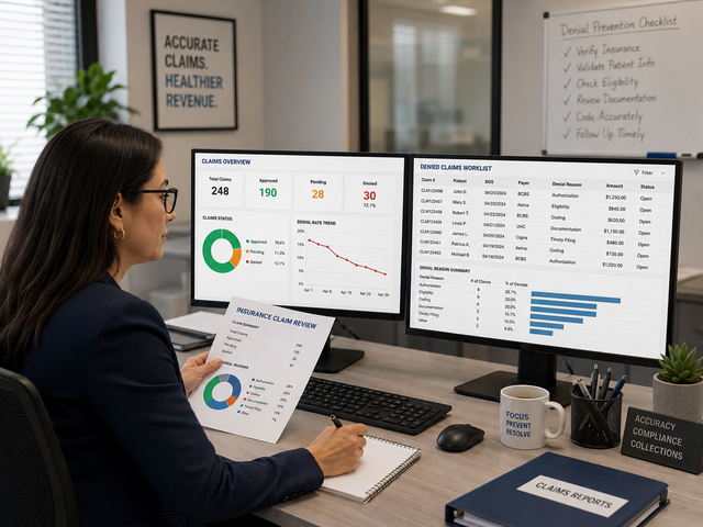 Medical billing specialists analyzing a revenue growth dashboard in a modern office
