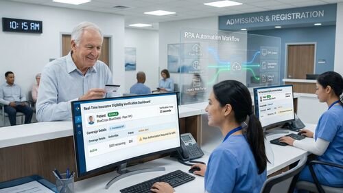 Office worker verifying patient insurance eligibility over the phone