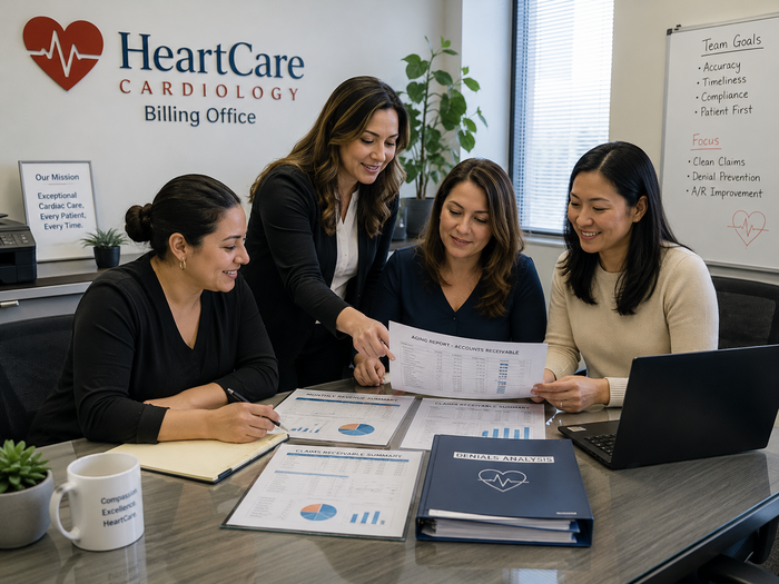 Cardiology clinic billing office team reviewing reports
